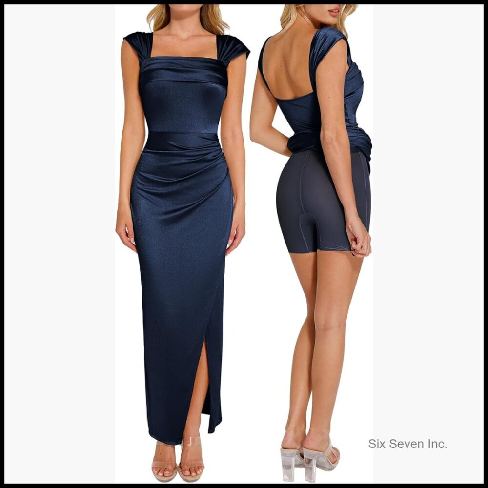 Nylon Blend Off Shoulder Maxi Dress With Built-In Shapewear Bodycon
